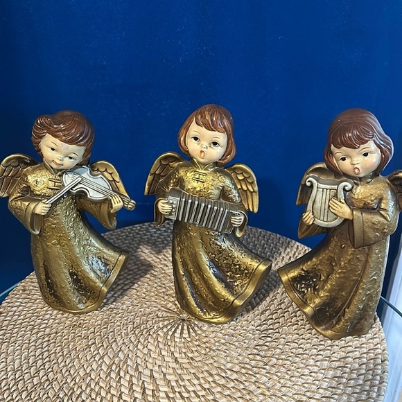 Vintage Angel Figurines by Brinn's Gold Paper Mache 1950's Made Christmas Decor - Picture 1 of 5
